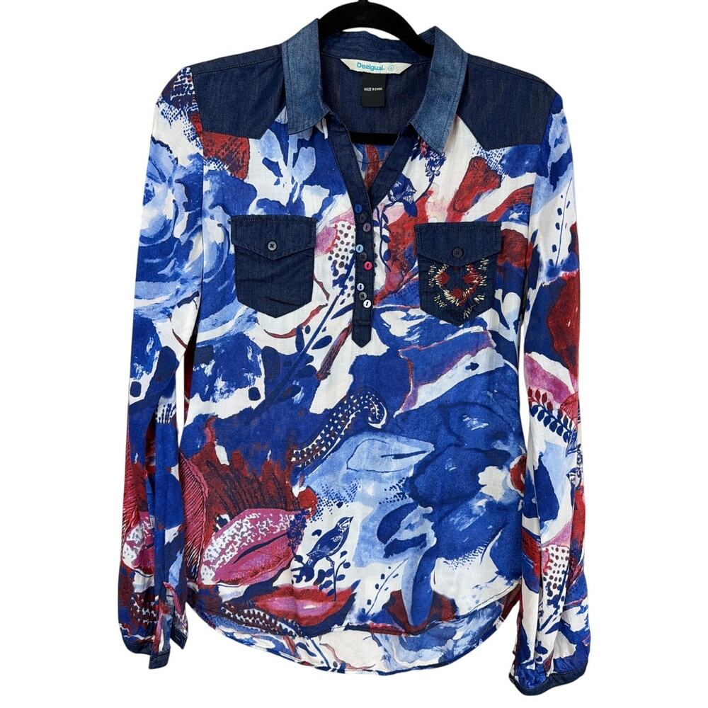 Desigual Multicolored Pattern Long Sleeve V-Neck Button Top Small